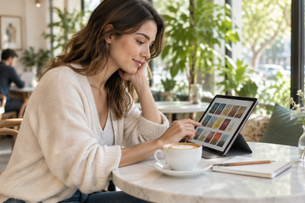 O femeie răsfoiește pe tabletă o listă de cărți electronice, la o masă într-o cafenea luminoasă