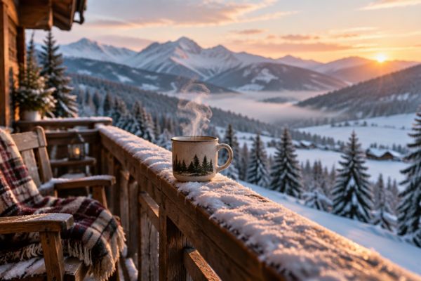 Balcon de lemn al unei cabane de munte cu o cană aburindă și o vale înzăpezită la răsărit