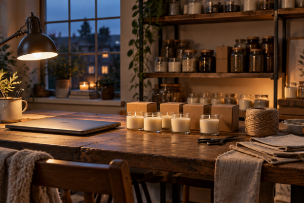 Atelier mic acasă cu o masă de lucru, un laptop, o lampă și cutii cu produse handmade pregătite pentru livrare, seara