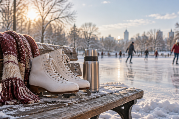 Patine de gheață lăsate pe o bancă de lemn lângă un patinoar în aer liber, într-o dimineață rece și luminoasă